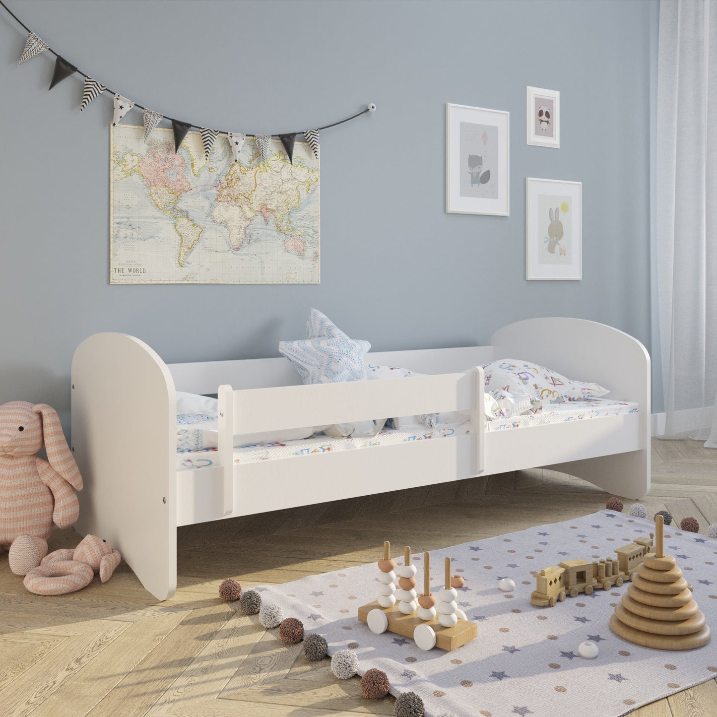 Lit enfant 70x140 | 80x160 | 80x180 cm avec matelas, tiroir (en option), protection antichute &amp; sommier à lattes en lit garçon fille blanc, rose, gris ou naturel