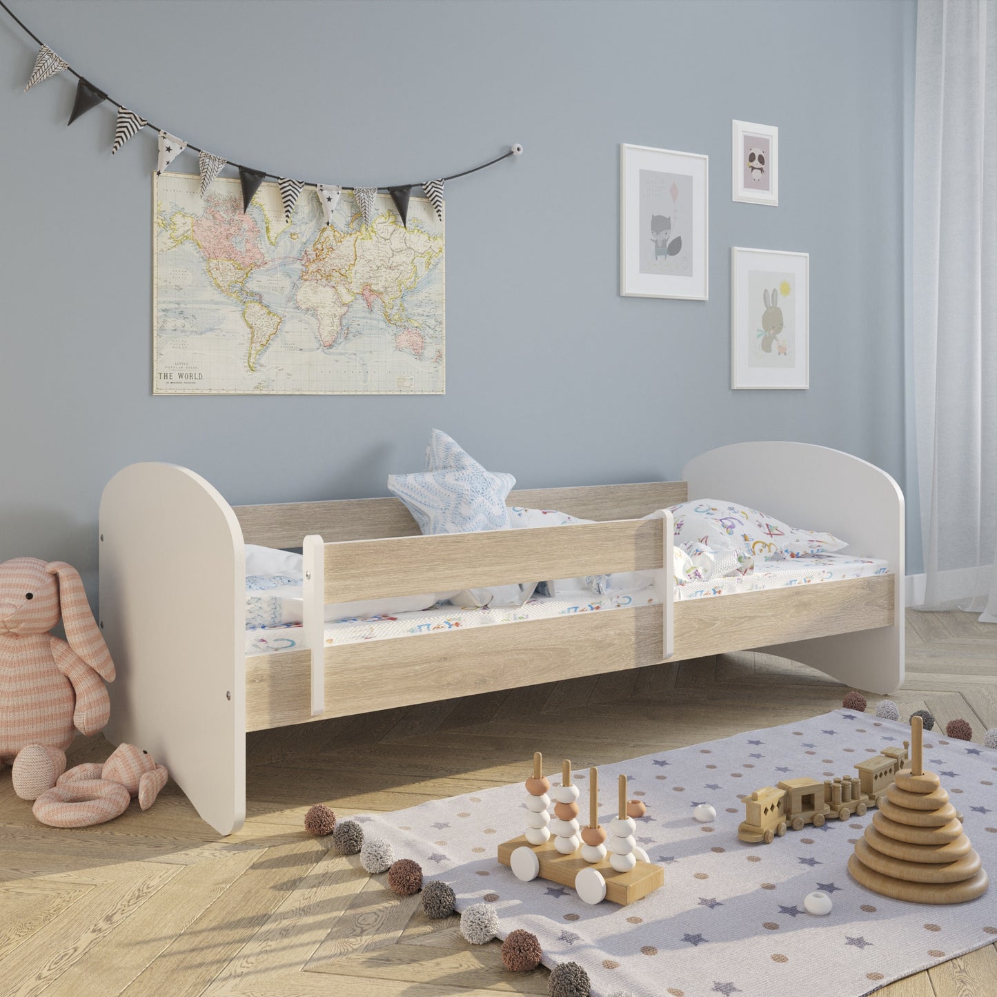 Lit enfant 70x140 | 80x160 | 80x180 cm avec matelas, tiroir (en option), protection antichute &amp; sommier à lattes en lit garçon fille blanc, rose, gris ou naturel