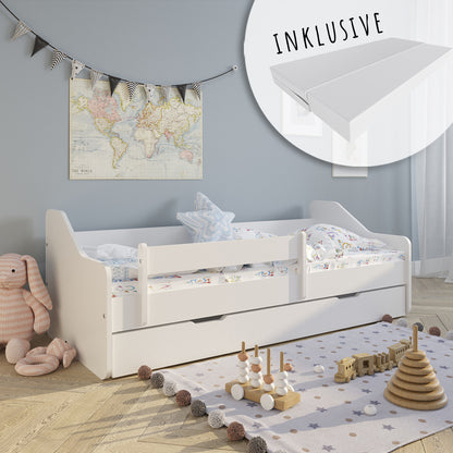 Lit enfant 80x160 | 80x180 cm avec matelas, protection antichute, sommier à lattes &amp; tiroir (en option) en lit garçon fille blanc, rose, gris ou naturel