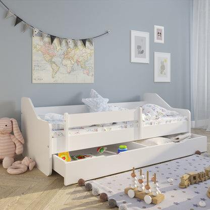 Lit enfant 80x160 | 80x180 cm avec matelas, protection antichute, sommier à lattes &amp; tiroir (en option) en lit garçon fille blanc, rose, gris ou naturel