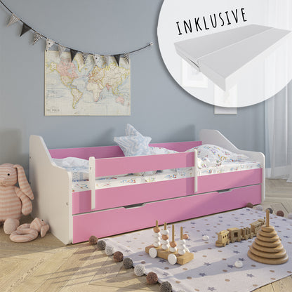 Kinderbett 80x160 | 80x180 cm mit Matratze, Rausfallschutz, Lattenrost & Schublade (optional) in weiß, pink, grau oder natur Mädchen Jungen Bett