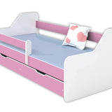 Kinderbett 80x160 | 80x180 cm mit Matratze, Rausfallschutz, Lattenrost & Schublade (optional) in weiß, pink, grau oder natur Mädchen Jungen Bett