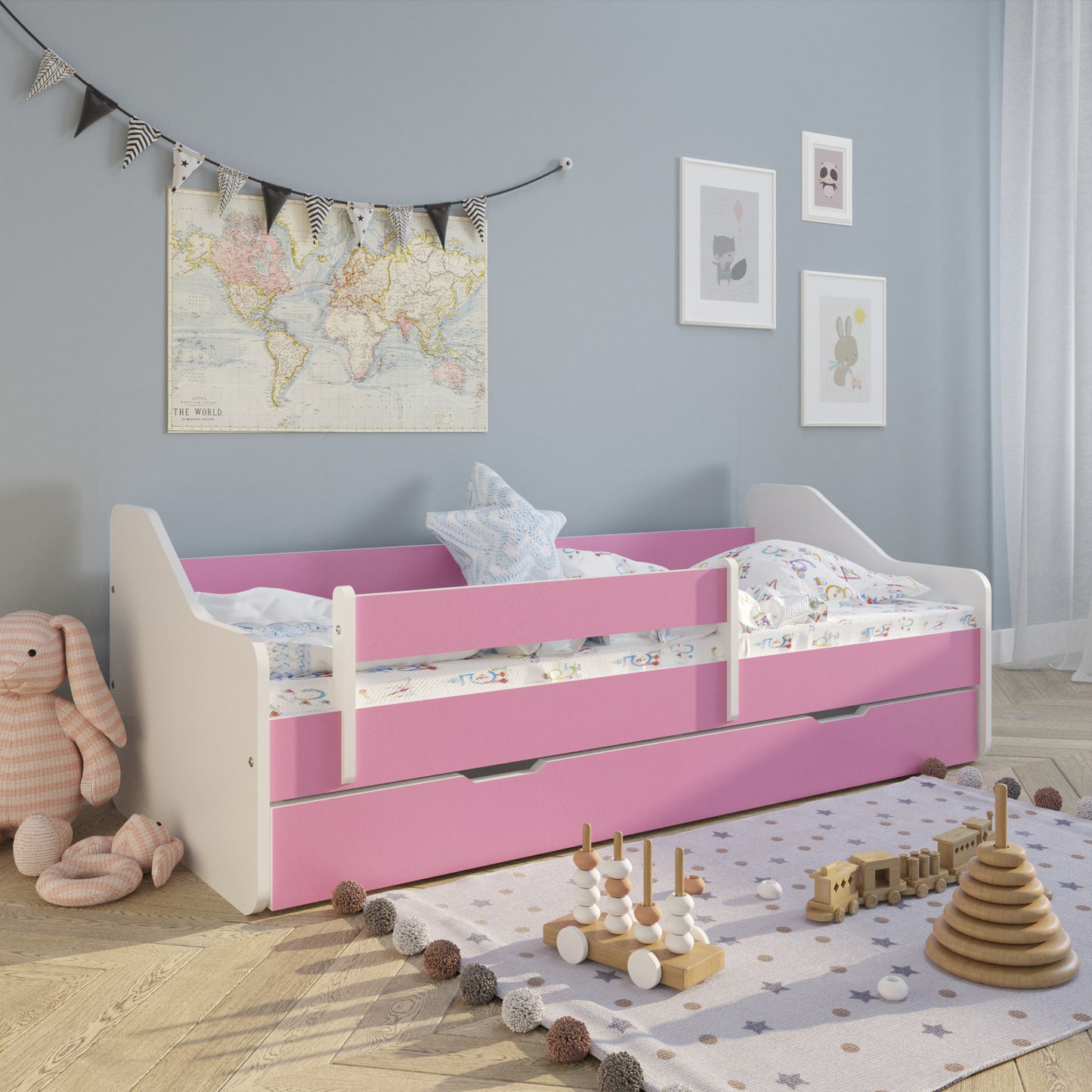 Lit enfant 80x160 | 80x180 cm avec matelas, protection antichute, sommier à lattes &amp; tiroir (en option) en lit garçon fille blanc, rose, gris ou naturel