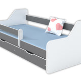 Kinderbett 80x160 | 80x180 cm mit Matratze, Rausfallschutz, Lattenrost & Schublade (optional) in weiß, pink, grau oder natur Mädchen Jungen Bett