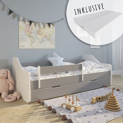 Lit enfant 80x160 | 80x180 cm avec matelas, protection antichute, sommier à lattes &amp; tiroir (en option) en lit garçon fille blanc, rose, gris ou naturel