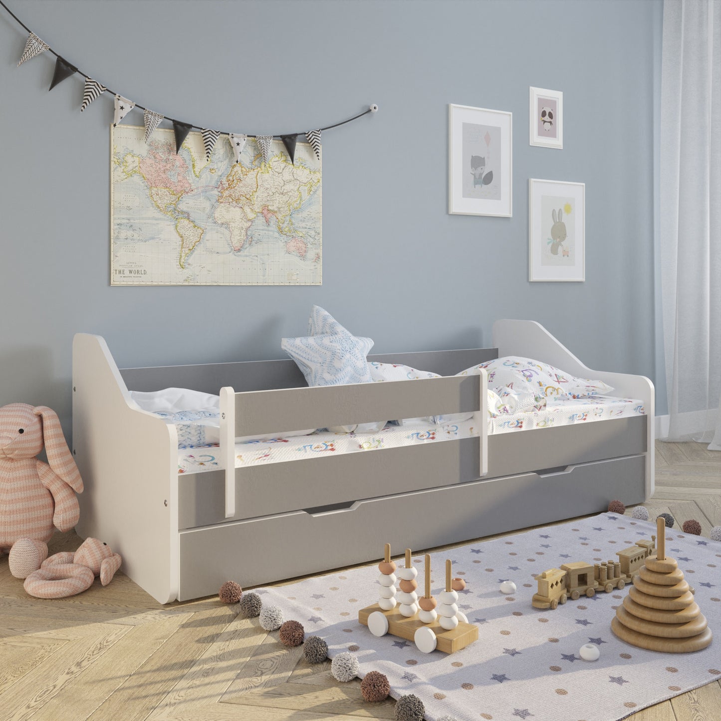 Lit enfant 80x160 | 80x180 cm avec matelas, protection antichute, sommier à lattes &amp; tiroir (en option) en lit garçon fille blanc, rose, gris ou naturel