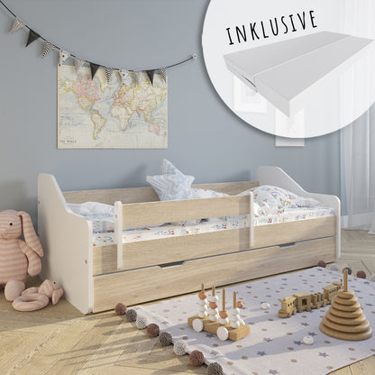 Lit enfant 80x160 | 80x180 cm avec matelas, protection antichute, sommier à lattes &amp; tiroir (en option) en lit garçon fille blanc, rose, gris ou naturel