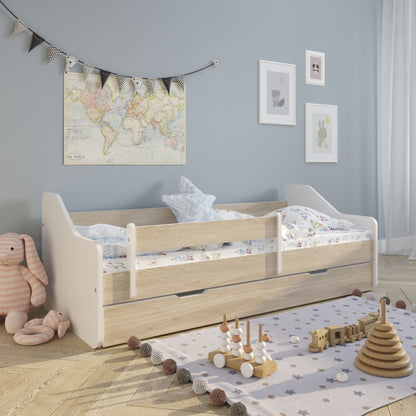 Lit enfant 80x160 | 80x180 cm avec matelas, protection antichute, sommier à lattes &amp; tiroir (en option) en lit garçon fille blanc, rose, gris ou naturel