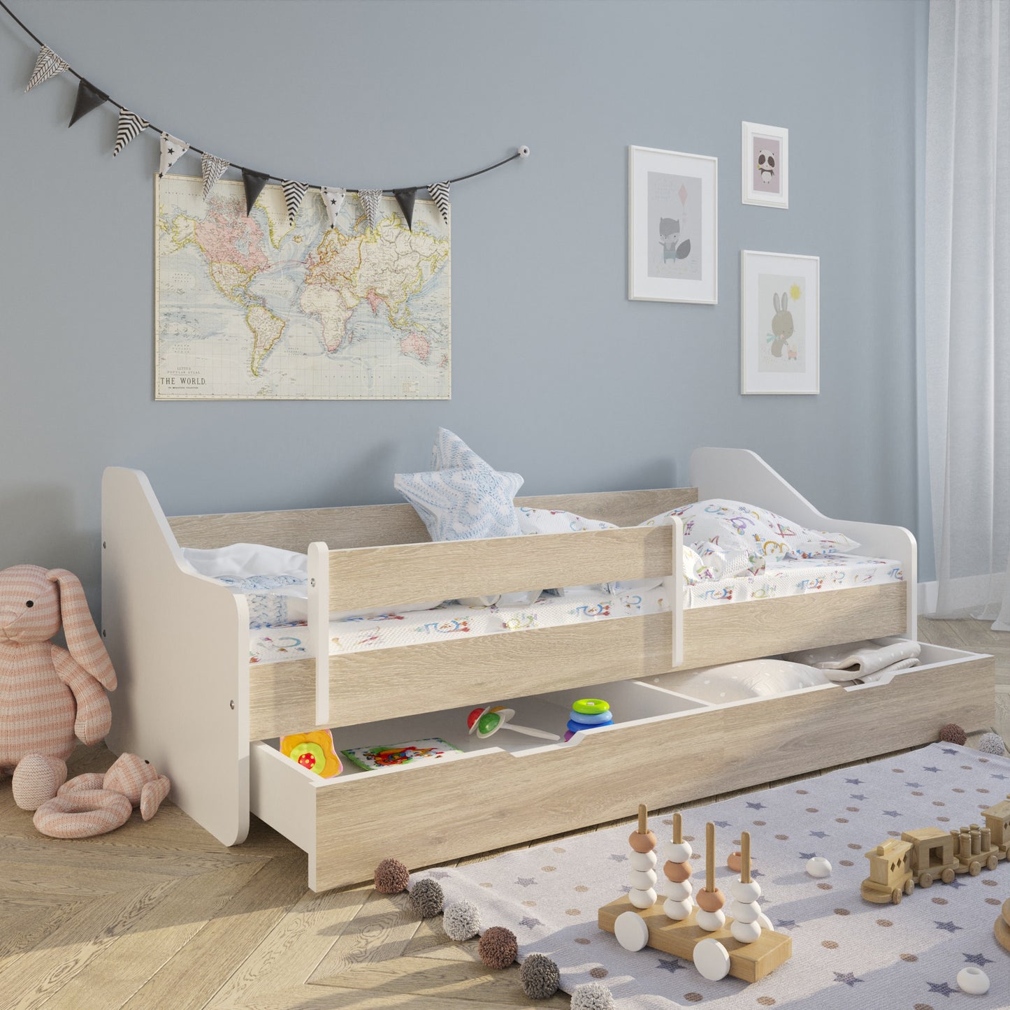 Lit enfant 80x160 | 80x180 cm avec matelas, protection antichute, sommier à lattes &amp; tiroir (en option) en lit garçon fille blanc, rose, gris ou naturel