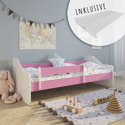 Lit enfant 80x160 | 80x180 cm avec matelas, protection antichute, sommier à lattes &amp; tiroir (en option) en lit garçon fille blanc, rose, gris ou naturel