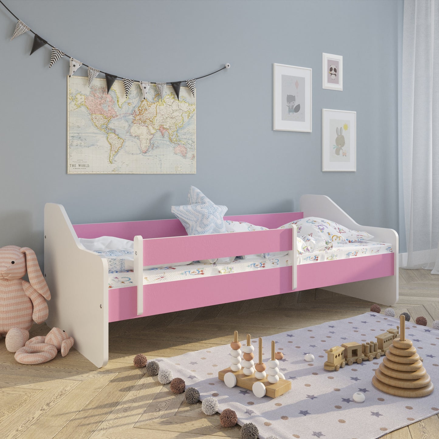 Kinderbett 80x160 | 80x180 cm mit Matratze, Rausfallschutz, Lattenrost & Schublade (optional) in weiß, pink, grau oder natur Mädchen Jungen Bett