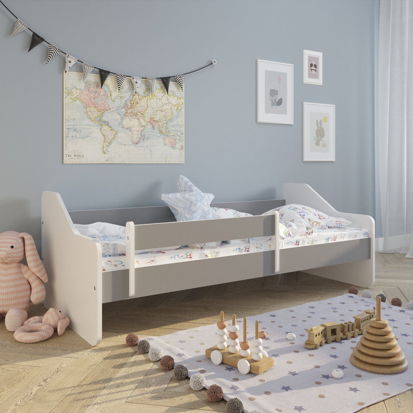 Lit enfant 80x160 | 80x180 cm avec matelas, protection antichute, sommier à lattes &amp; tiroir (en option) en lit garçon fille blanc, rose, gris ou naturel