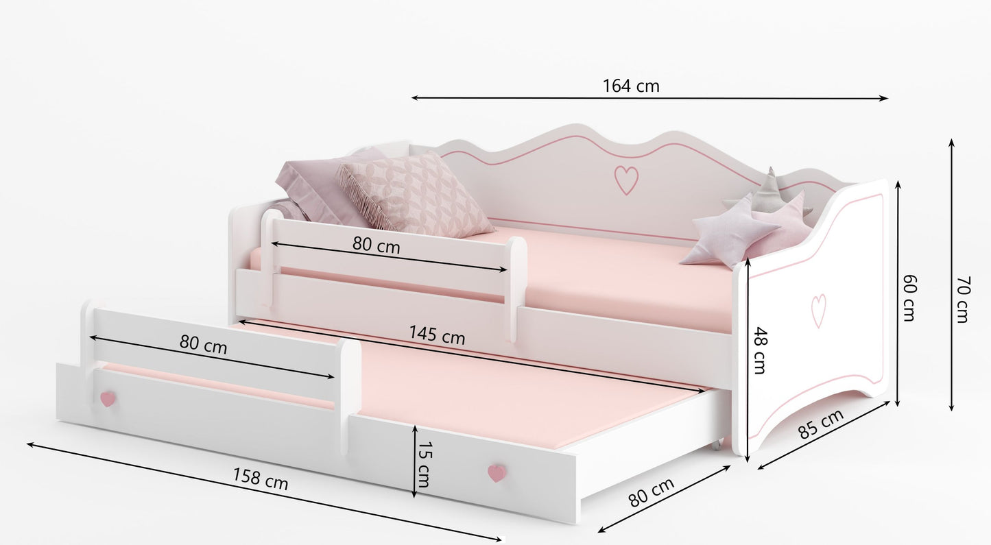 Lit fille 80x160 avec lit gigogne et deux matelas Lit enfant Lit ados Lit fonctionnel 160x80 avec protection antichute | Canapé enfant princesse convertible blanc rose