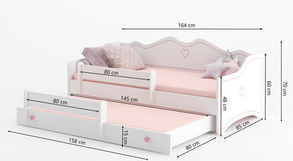 Lit fille 80x160 avec lit gigogne et deux matelas Lit enfant Lit ados Lit fonctionnel 160x80 avec protection antichute | Canapé enfant princesse convertible blanc rose