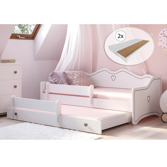 Lit fille 80x160 avec lit gigogne et deux matelas Lit enfant Lit ados Lit fonctionnel 160x80 avec protection antichute | Canapé enfant princesse convertible blanc rose