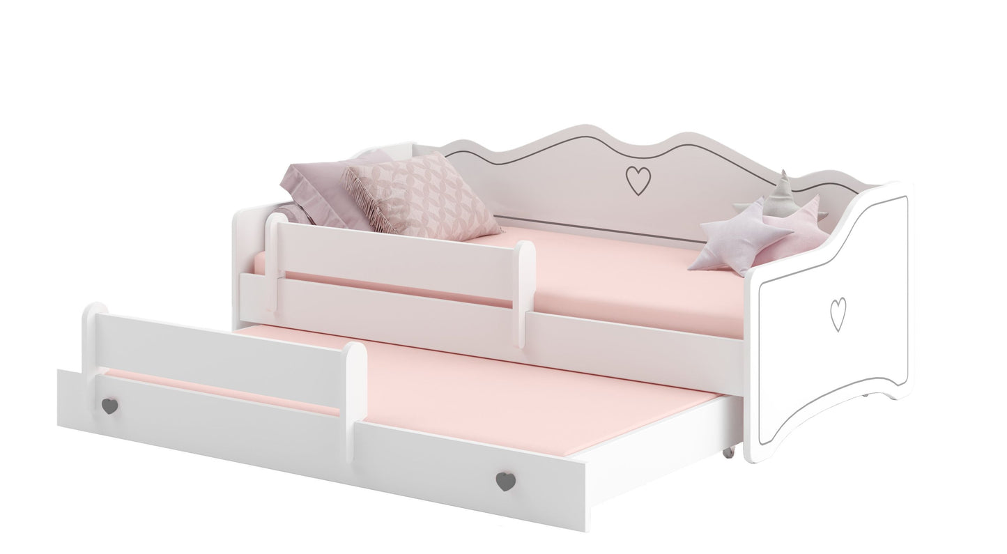 Lit fille 80x160 avec lit gigogne et deux matelas Lit enfant Lit ados Lit fonctionnel 160x80 avec protection antichute | Canapé enfant princesse convertible blanc rose