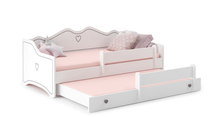 Lit fille 80x160 avec lit gigogne et deux matelas Lit enfant Lit ados Lit fonctionnel 160x80 avec protection antichute | Canapé enfant princesse convertible blanc rose