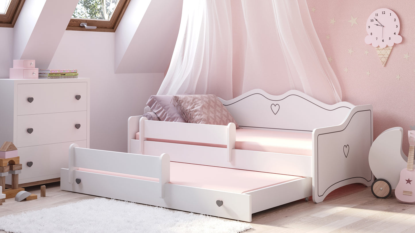 Lit fille 80x160 avec lit gigogne et deux matelas Lit enfant Lit ados Lit fonctionnel 160x80 avec protection antichute | Canapé enfant princesse convertible blanc rose