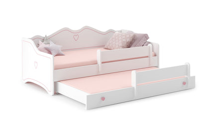 Lit fille 80x160 avec lit gigogne et deux matelas Lit enfant Lit ados Lit fonctionnel 160x80 avec protection antichute | Canapé enfant princesse convertible blanc rose