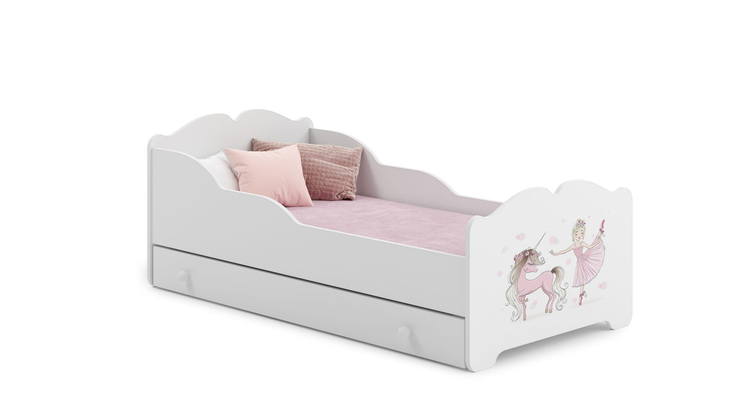 Mädchenbett Kinderbett 80x160 cm mit Matratze und Schublade, Rausfallschutz & Lattenrost in weiß mit Prinzessin, Meerjungfrau, Elefant oder Fee Motiv 160x80 bis 10 Jahre