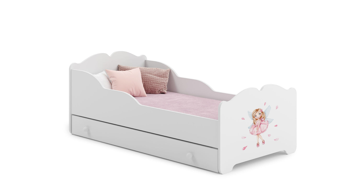 Lit fille Lit enfant 80x160 cm avec matelas et tiroir, protection antichute &amp; sommier à lattes en blanc avec motif princesse, sirène, éléphant ou fée 160x80 jusqu'à 10 ans