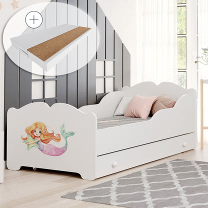 Mädchenbett Kinderbett 80x160 cm mit Matratze und Schublade, Rausfallschutz & Lattenrost in weiß mit Prinzessin, Meerjungfrau, Elefant oder Fee Motiv 160x80 bis 10 Jahre