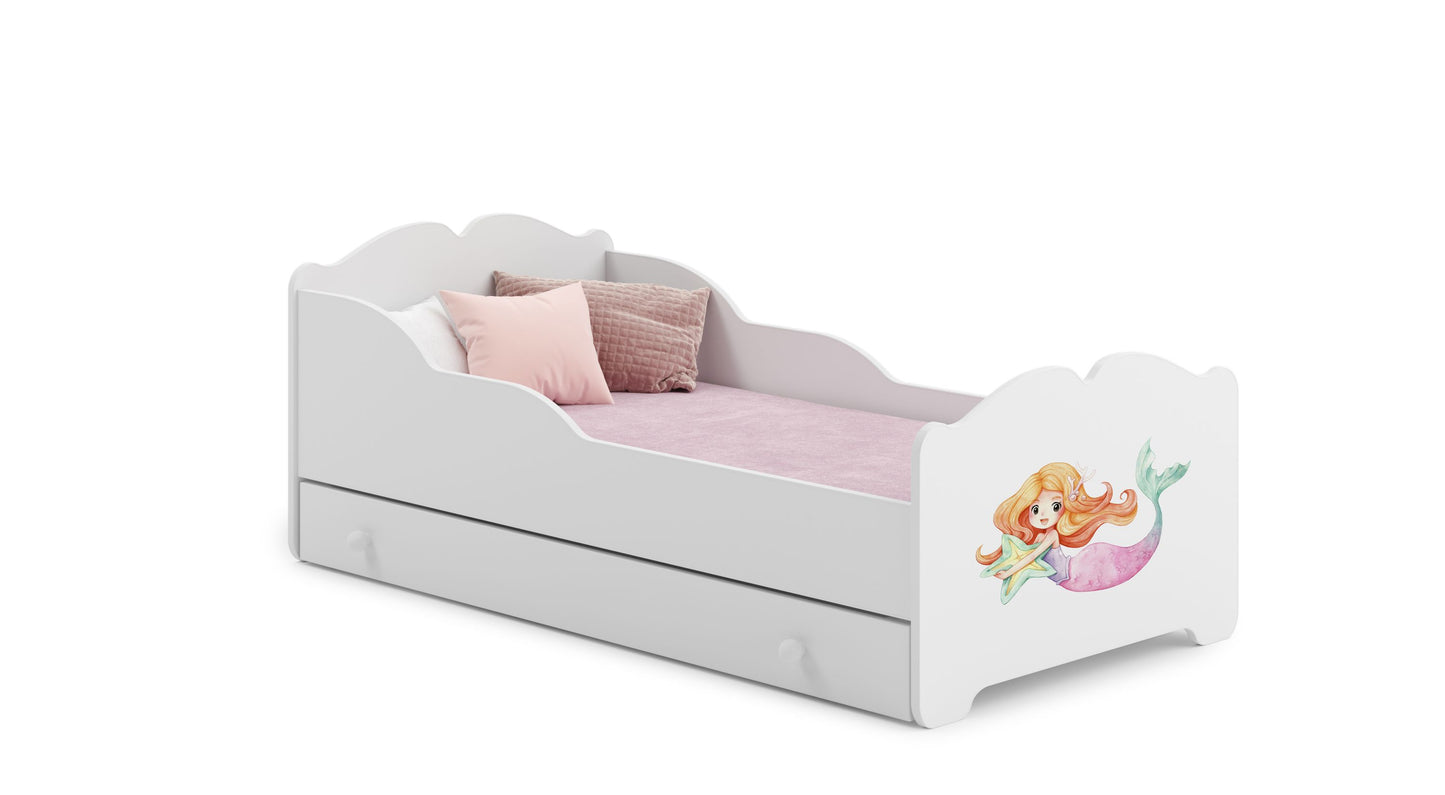 Lit fille Lit enfant 80x160 cm avec matelas et tiroir, protection antichute &amp; sommier à lattes en blanc avec motif princesse, sirène, éléphant ou fée 160x80 jusqu'à 10 ans