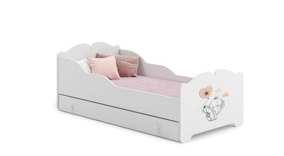 Mädchenbett Kinderbett 80x160 cm mit Matratze und Schublade, Rausfallschutz & Lattenrost in weiß mit Prinzessin, Meerjungfrau, Elefant oder Fee Motiv 160x80 bis 10 Jahre