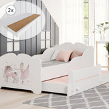 Lit fille avec lit gigogne, lit enfant, lit fonctionnel 80x160 avec deux matelas et protection antichute en blanc avec motif princesse, fée, sirène ou éléphant