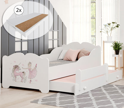 Mädchenbett mit Ausziehbett Kinderbett Funktionsbett 80x160 mit zwei Matratzen & Rausfallschutz in weiß mit Prinzessin, Fee, Meerjungfrau oder Elefant Motiv