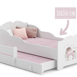 Lit fille avec lit gigogne, lit enfant, lit fonctionnel 80x160 avec deux matelas et protection antichute en blanc avec motif princesse, fée, sirène ou éléphant