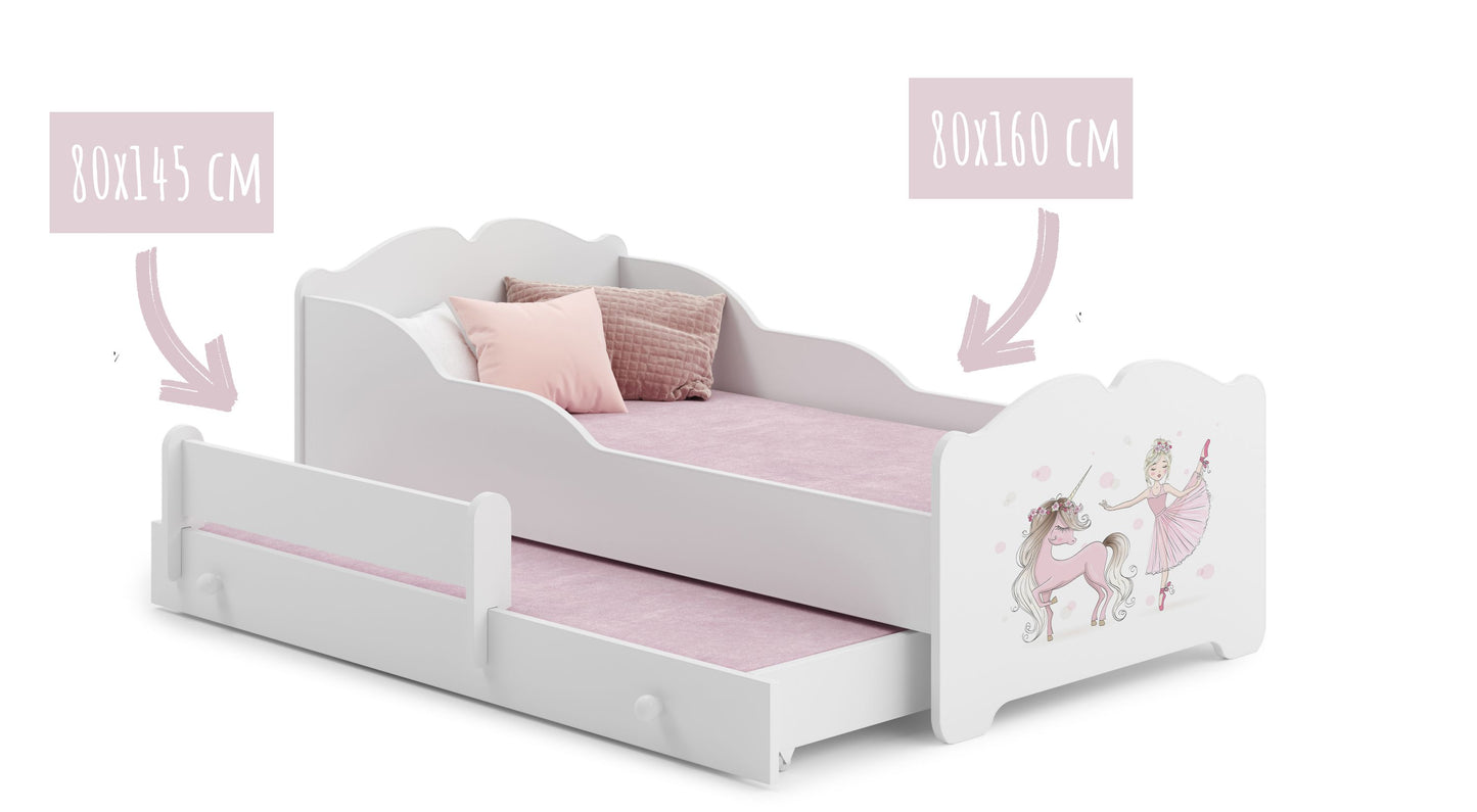 Mädchenbett mit Ausziehbett Kinderbett Funktionsbett 80x160 mit zwei Matratzen & Rausfallschutz in weiß mit Prinzessin, Fee, Meerjungfrau oder Elefant Motiv