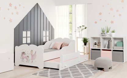 Mädchenbett mit Ausziehbett Kinderbett Funktionsbett 80x160 mit zwei Matratzen & Rausfallschutz in weiß mit Prinzessin, Fee, Meerjungfrau oder Elefant Motiv