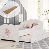 Lit fille avec lit gigogne, lit enfant, lit fonctionnel 80x160 avec deux matelas et protection antichute en blanc avec motif princesse, fée, sirène ou éléphant