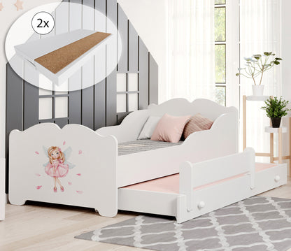 Mädchenbett mit Ausziehbett Kinderbett Funktionsbett 80x160 mit zwei Matratzen & Rausfallschutz in weiß mit Prinzessin, Fee, Meerjungfrau oder Elefant Motiv