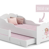 Lit fille avec lit gigogne, lit enfant, lit fonctionnel 80x160 avec deux matelas et protection antichute en blanc avec motif princesse, fée, sirène ou éléphant