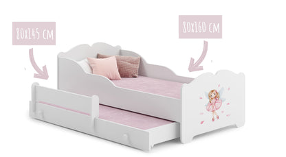 Mädchenbett mit Ausziehbett Kinderbett Funktionsbett 80x160 mit zwei Matratzen & Rausfallschutz in weiß mit Prinzessin, Fee, Meerjungfrau oder Elefant Motiv