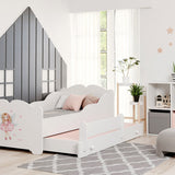 Lit fille avec lit gigogne, lit enfant, lit fonctionnel 80x160 avec deux matelas et protection antichute en blanc avec motif princesse, fée, sirène ou éléphant