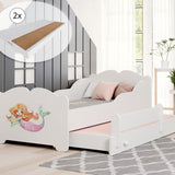 Lit fille avec lit gigogne, lit enfant, lit fonctionnel 80x160 avec deux matelas et protection antichute en blanc avec motif princesse, fée, sirène ou éléphant