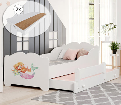 Mädchenbett mit Ausziehbett Kinderbett Funktionsbett 80x160 mit zwei Matratzen & Rausfallschutz in weiß mit Prinzessin, Fee, Meerjungfrau oder Elefant Motiv