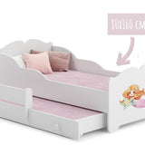 Lit fille avec lit gigogne, lit enfant, lit fonctionnel 80x160 avec deux matelas et protection antichute en blanc avec motif princesse, fée, sirène ou éléphant