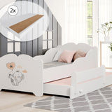 Lit fille avec lit gigogne, lit enfant, lit fonctionnel 80x160 avec deux matelas et protection antichute en blanc avec motif princesse, fée, sirène ou éléphant