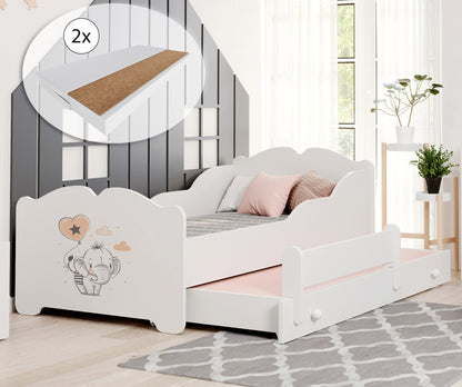 Mädchenbett mit Ausziehbett Kinderbett Funktionsbett 80x160 mit zwei Matratzen & Rausfallschutz in weiß mit Prinzessin, Fee, Meerjungfrau oder Elefant Motiv