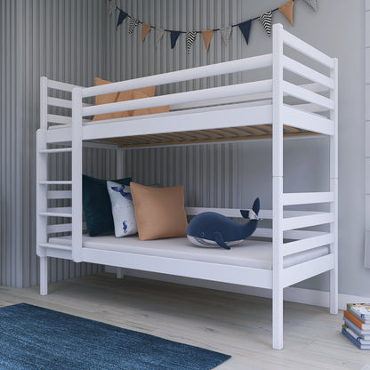 Lit mezzanine 90x200 cm avec 2 matelas (en option) et 2 tiroirs (en option) Lit superposé avec protection antichute et sommier à lattes, transformable en deux lits enfant, en bois massif blanc, lit fonctionnel