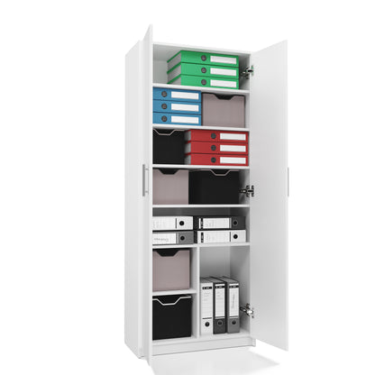 Armoire polyvalente blanche 74 cm largeur 180 cm hauteur avec six étagères et compartiment supplémentaire, classeur organisateur d'armoire domestique en bois MDF