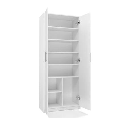 Armoire polyvalente blanche 74 cm largeur 180 cm hauteur avec six étagères et compartiment supplémentaire, classeur organisateur d'armoire domestique en bois MDF