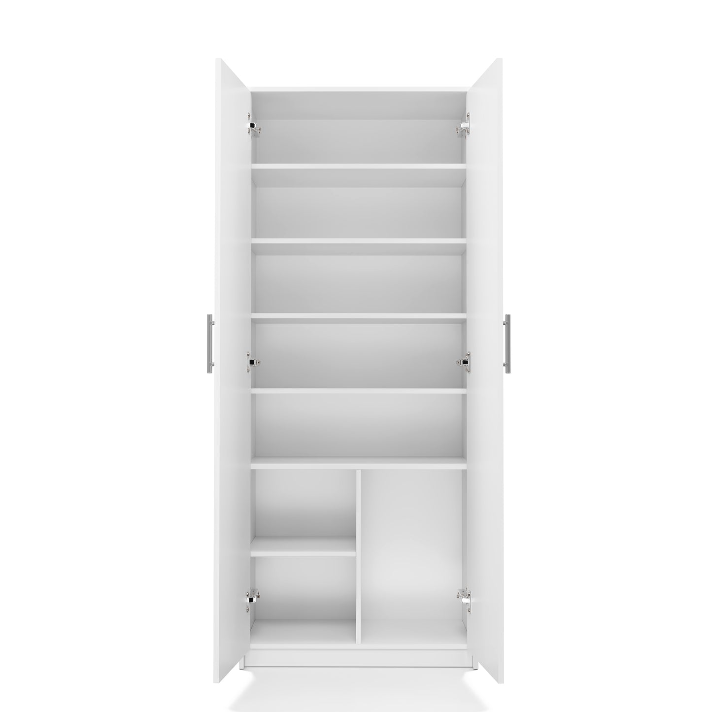 Armoire polyvalente blanche 74 cm largeur 180 cm hauteur avec six étagères et compartiment supplémentaire, classeur organisateur d'armoire domestique en bois MDF