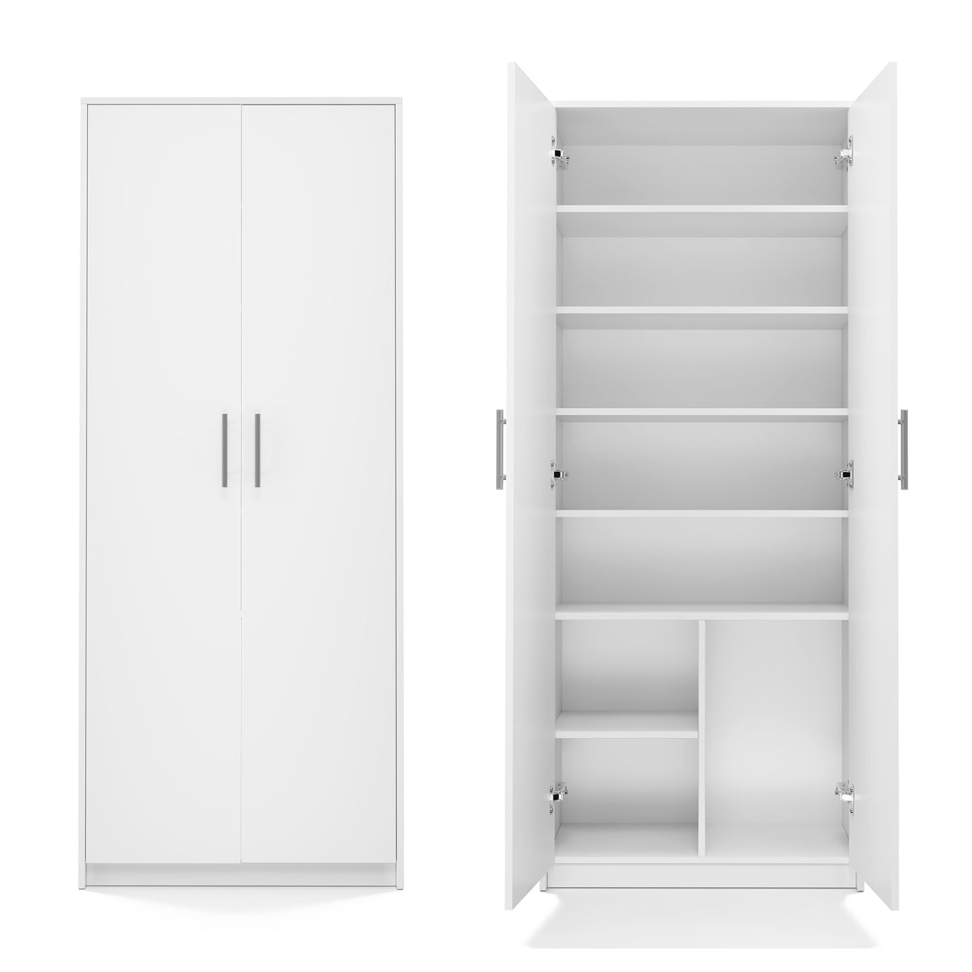 Armoire polyvalente blanche 74 cm largeur 180 cm hauteur avec six étagères et compartiment supplémentaire, classeur organisateur d'armoire domestique en bois MDF