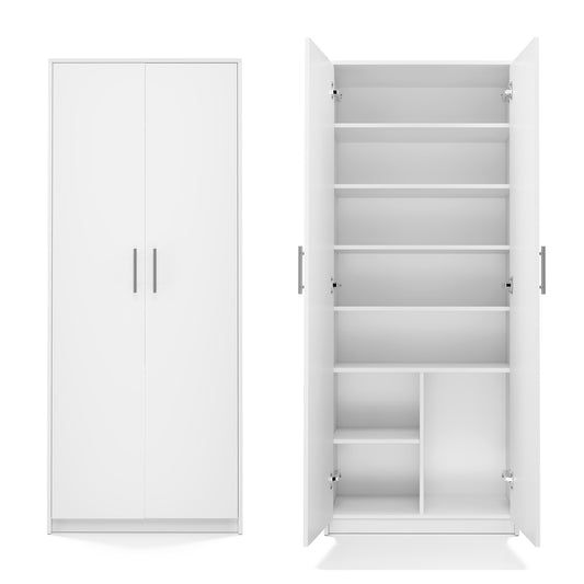 Armoire polyvalente blanche 74 cm largeur 180 cm hauteur avec six étagères et compartiment supplémentaire, classeur organisateur d'armoire domestique en bois MDF