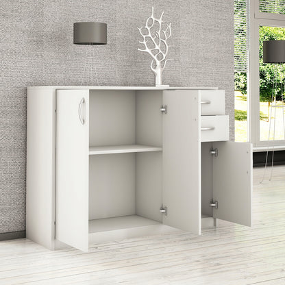 Commode avec 2 tiroirs, étroite en blanc, buffet haut, armoire polyvalente pour chambre à coucher 